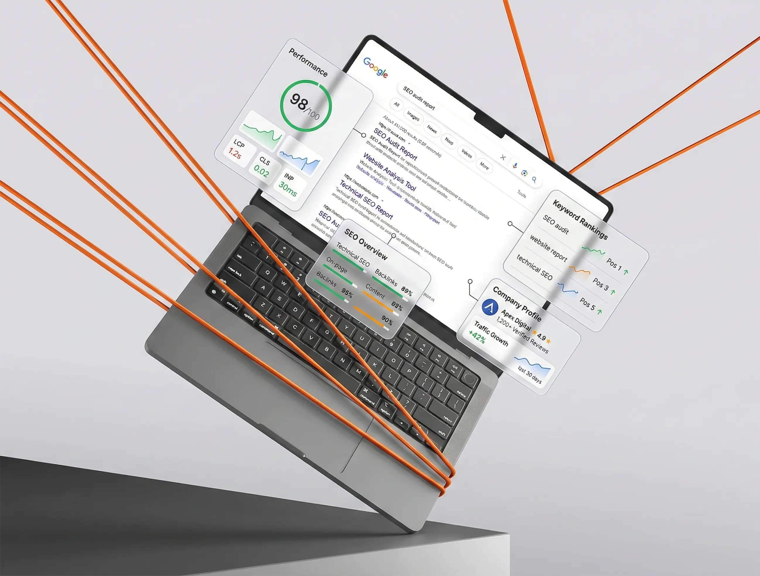 SEO dashboard and search performance visuals displayed on a laptop mockup.