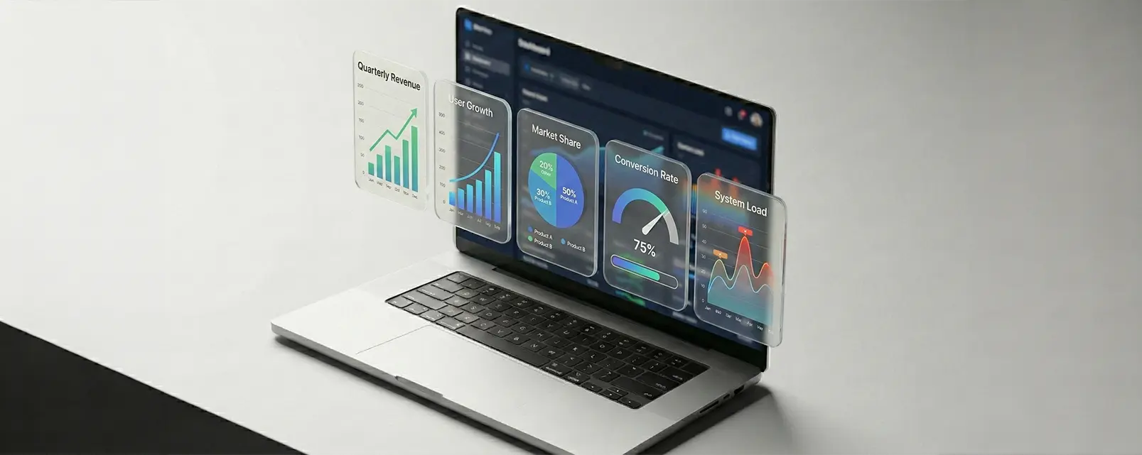 SEO reporting and performance tracking visuals around a laptop.