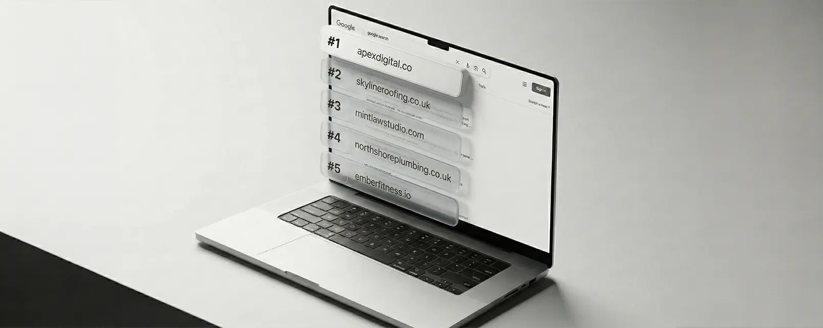 Technical SEO planning and crawl analysis visuals around a laptop.