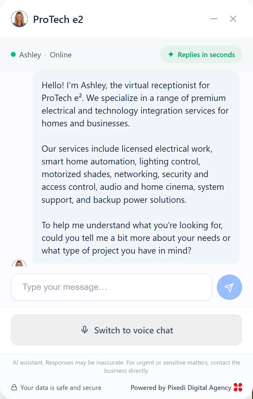 The Aristo assistant open on the ProTech e² website, listing the company's electrical and smart home services and asking the visitor about their project.