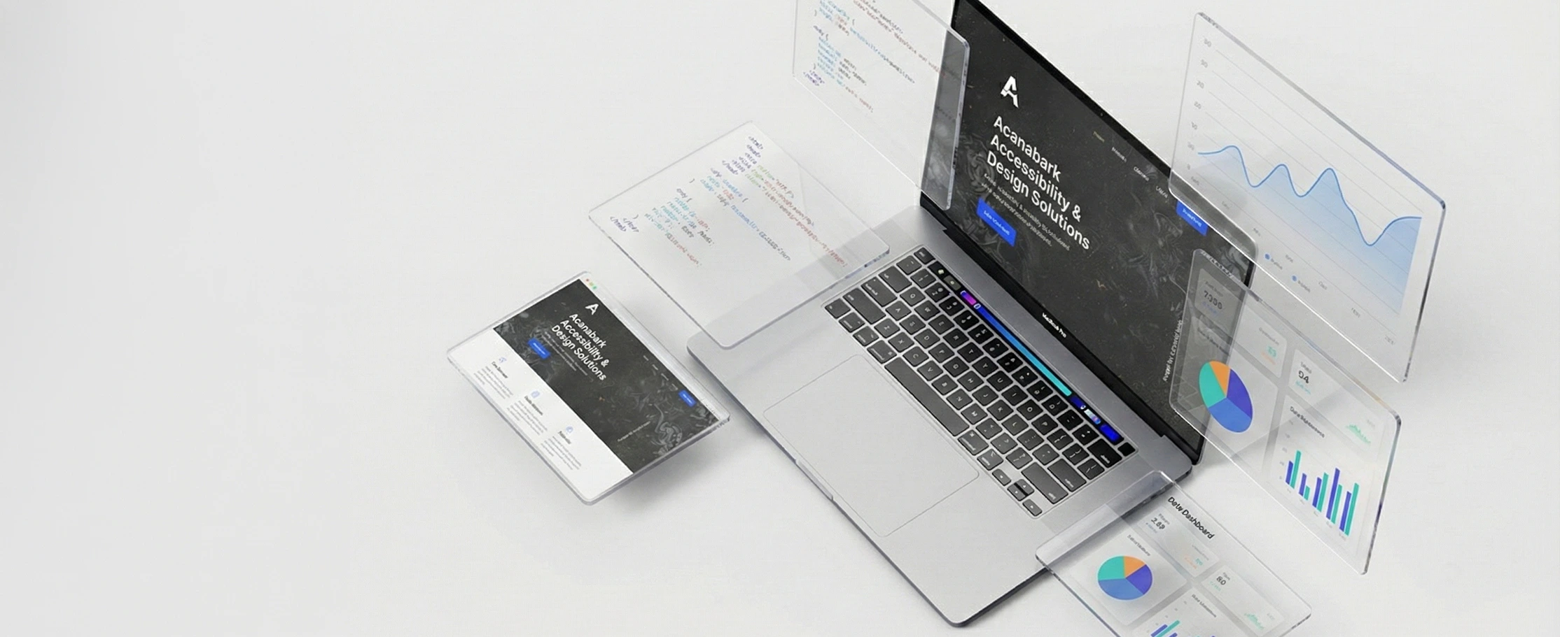 Analytics dashboards and tracking panels around a laptop workspace.