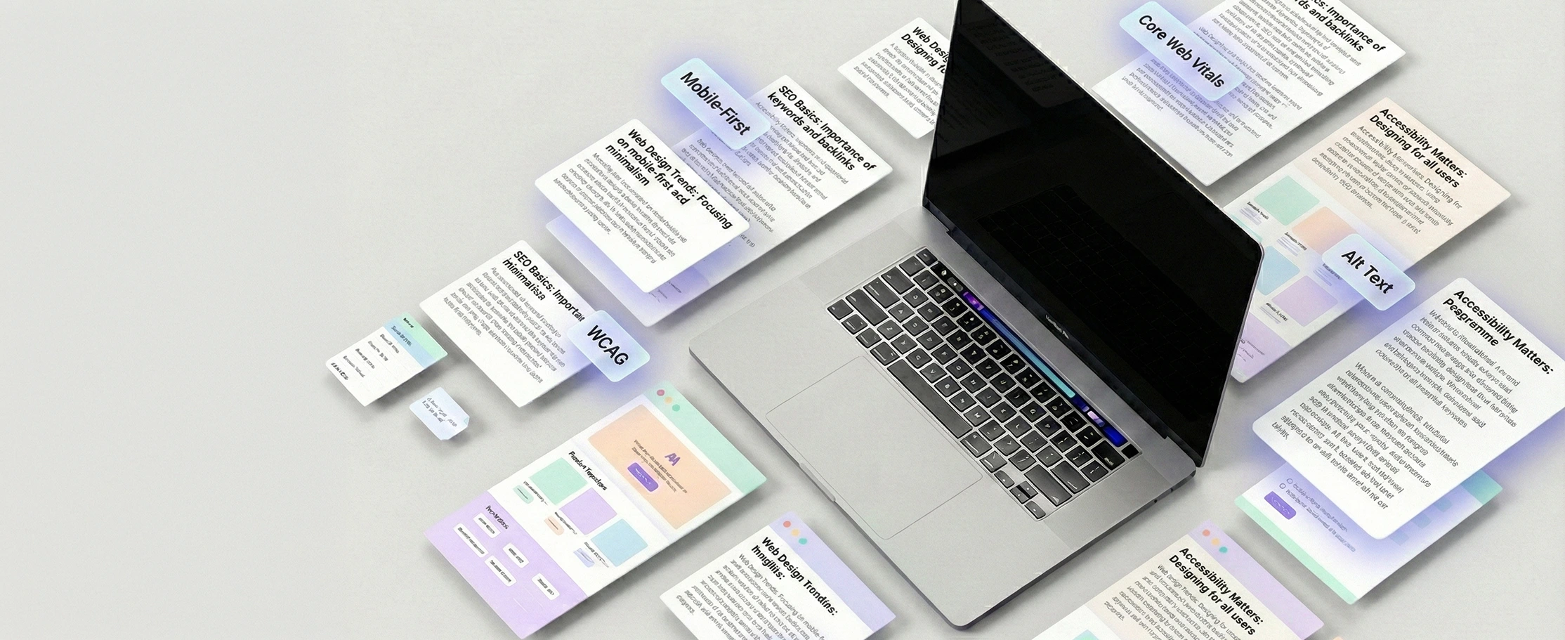 Technical SEO notes and planning cards around a laptop workspace.