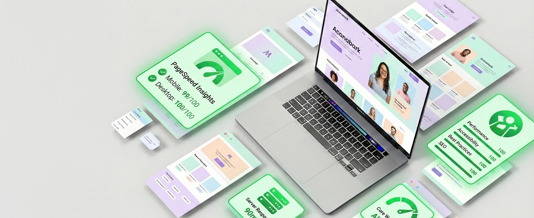 Performance metrics and speed scoring visuals around a laptop.
