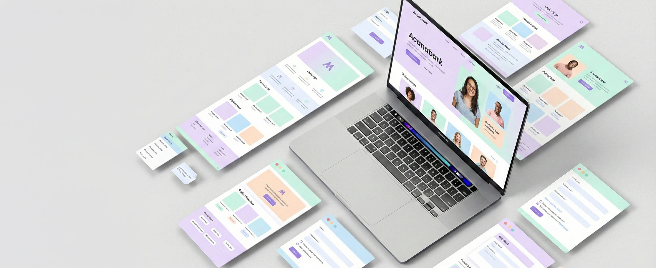 Implementation layouts and production-ready interfaces around a laptop.