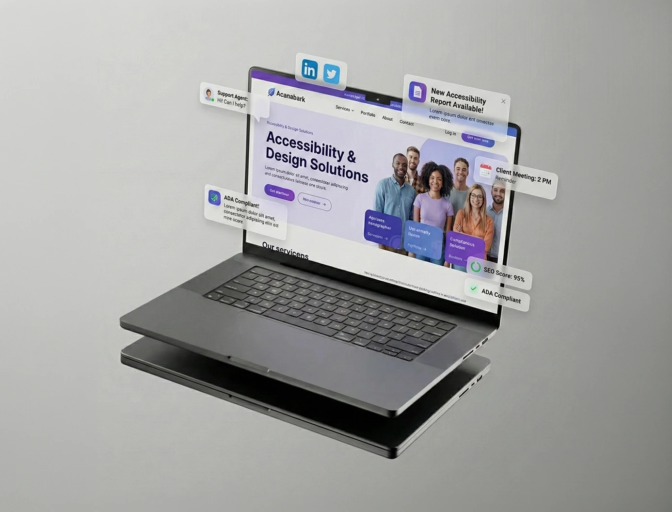 Laptop mockup displaying an accessibility-focused website interface.